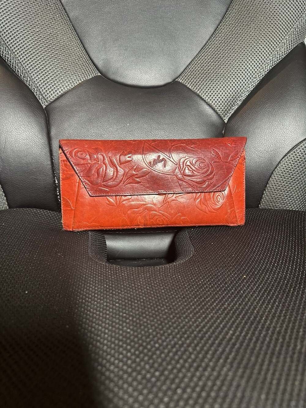 Velez Red Leather Embossed Rose Long Wallet